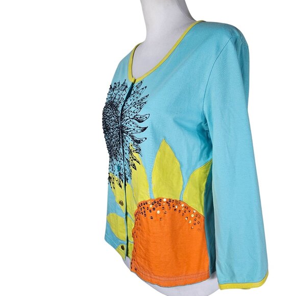 Smitten By Michael Simon Sunflower Print Cardigan M Button Up Beaded Art to Wear - Picture 2 of 8